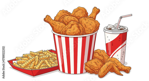 Illustration of a bucket of fried chicken, fries, and a soda drink.