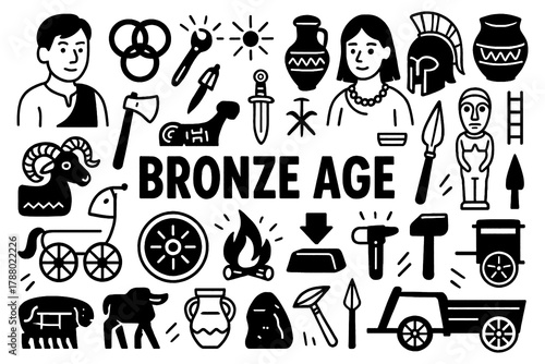 Tableau sur toile Bronze Age civilization with ancient tools, helmets, pottery, and farming symbol
