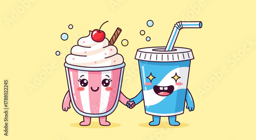 Cute cartoon illustration of a milkshake and soda holding hands, friendship concept, on a yellow background.