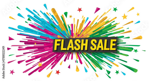 A vibrant image showcasing a flash sale announcement with colorful starbursts.