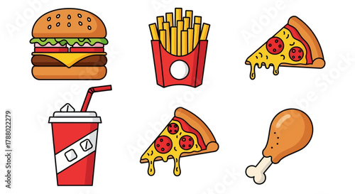 Cartoon illustration of fast food items including burger, fries, pizza, soda, and chicken leg.