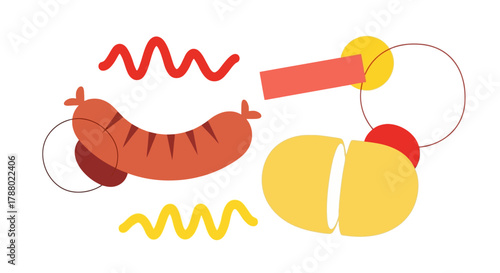 Illustration of a sausage with mustard, ketchup, and potatoes on a white background.