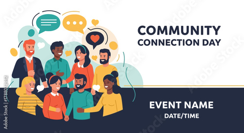 Community Connection Day illustration featuring diverse people and speech bubbles.