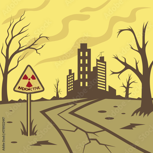 Adobe Illustrator Artwork: A vector illustration of a nuclear disaster, suggesting an area affected by toxic radiation