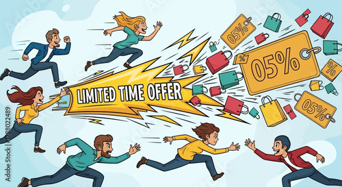 People running towards a limited time offer with shopping bags and discount tags.