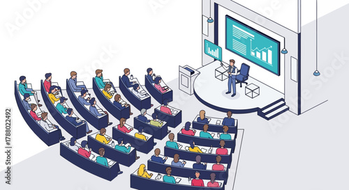 Illustration of a conference with a speaker and an audience in a lecture hall.