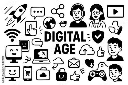 Digital age concept with technology icons and online lifestyle doodle illustration