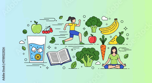 Illustration of healthy lifestyle with running, meditation, healthy food and reading.