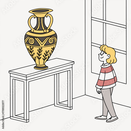 Adobe Illustrator Artwork: A cartoon illustration of a girl looking at an ancient Greek-style vase on a console table