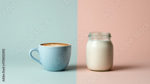 Split Monochromatic Background with Latte Coffee Cup on Blue and Glass Milk Jar on Pink Contrasting Hot and Cold Beverages Minimalist Drink Concept