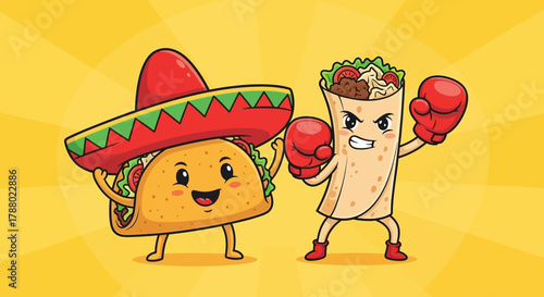 Cartoon illustration of a taco wearing a sombrero boxing a burrito with boxing gloves on a yellow background.