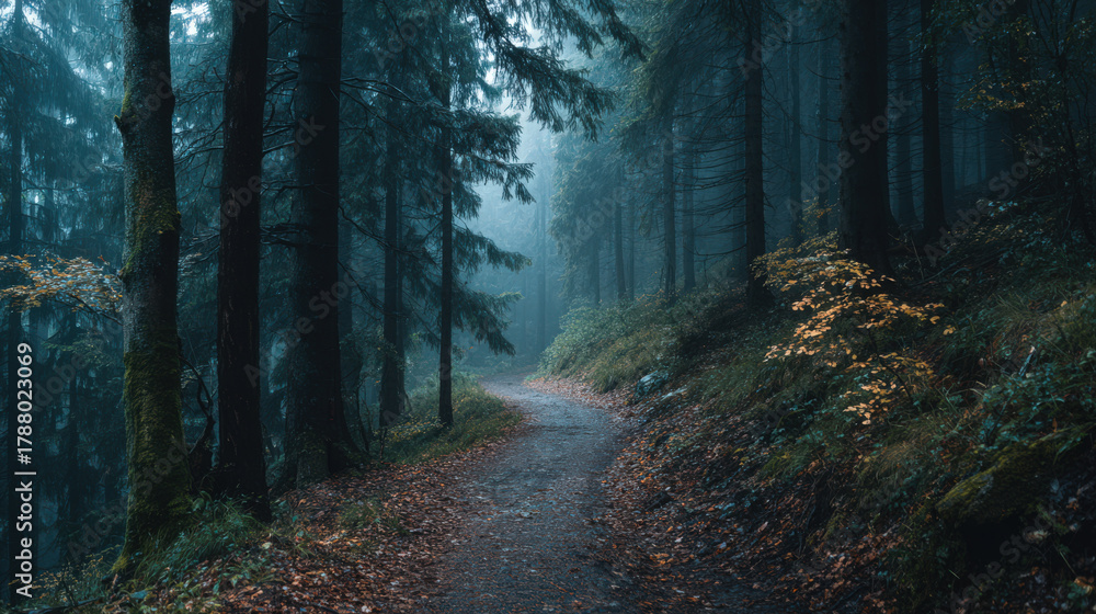Fototapeta premium A mysterious path winds through a tranquil, misty forest in autumn.