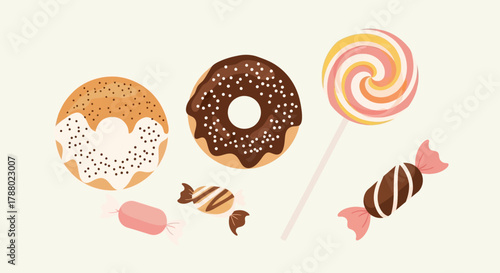Illustration of donuts, lollipop, and wrapped candies on a light background.