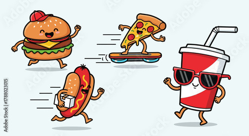 Cartoon fast food characters: burger, pizza, hot dog, and soda, all running or skateboarding.