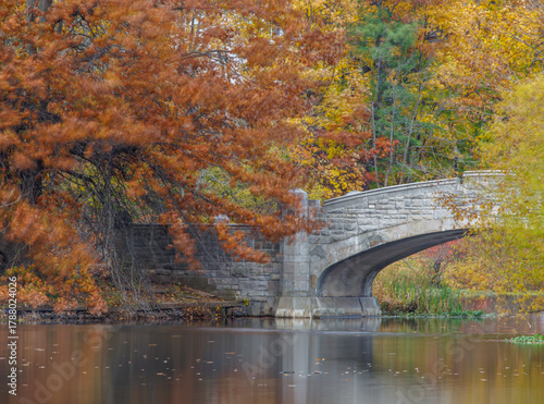A peaceful fall scene at Verona Park in New Jersey featuring a stone bridge surrounded by colorful autumn foliage reflected in calm water — a tranquil landscape full of seasonal beauty.