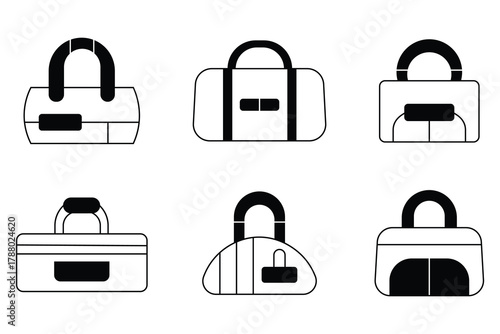 Collection of gym duffel bags and sports luggage icon set. Gym bag icons vector design simple outline black white illustration collections. Duffel, backpack, shoulder strap, golf bag and more. 