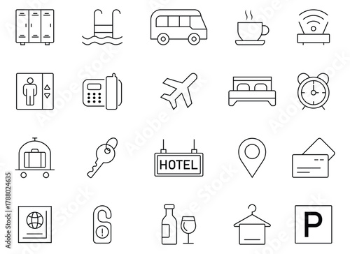 Set of hotel web icons in line style. Hotel services related- room characteristics, meals, cleaning, types of accommodation and more. Vacation and business trip concept symbol. Vector illustration.
