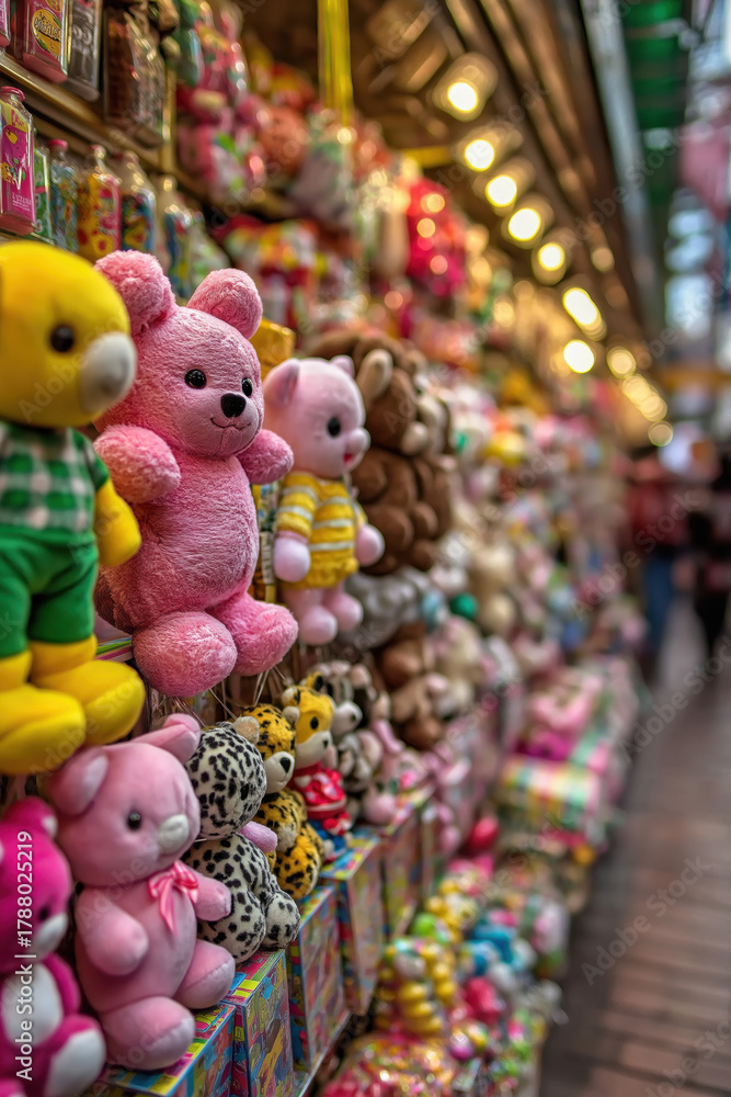 Obraz premium Rayon de magasin de jouets coloré rempli de peluches et jeux pour enfants, ambiance festive de Noël ou d’anniversaire