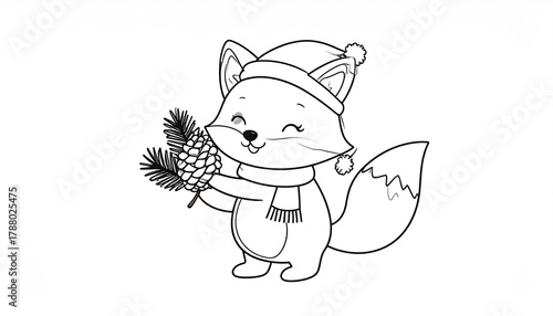 Cute Fox in Winter Hat Holding Pine Cone.