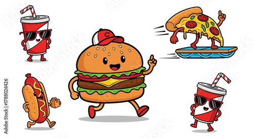 Cartoon fast food characters: burger, pizza, hot dog, and soda, all with faces and expressions.