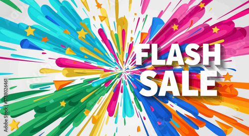 A colorful burst background with the words "FLASH SALE" in white letters.