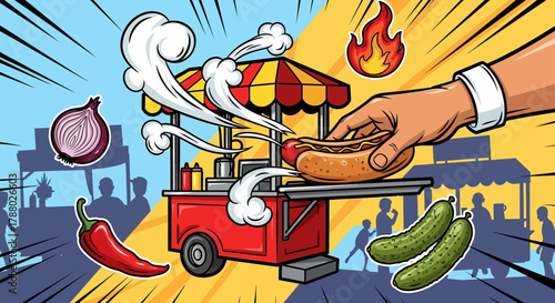Illustration of a hot dog stand with various ingredients floating around it.