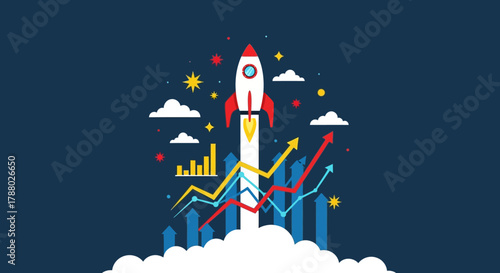 Illustration of a rocket launching with upward trending graphs.