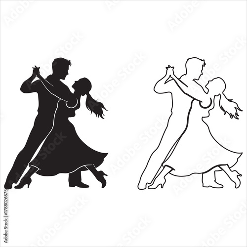 Elegant couple dancing silhouette and outline on white backdrop
