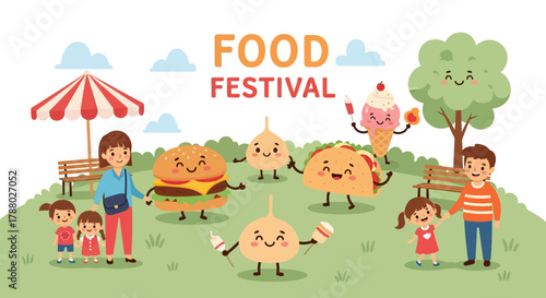 Food festival with cartoon characters, families, and food items on a grassy field.