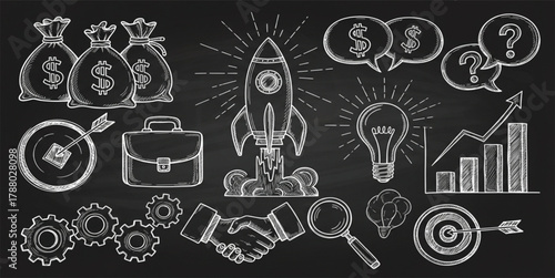 Startup and business growth icons — doodle hand-drawn set with money, rocket launch, graph, and light bulb. Chalkboard texture vector illustration representing teamwork, planning, and ideas.