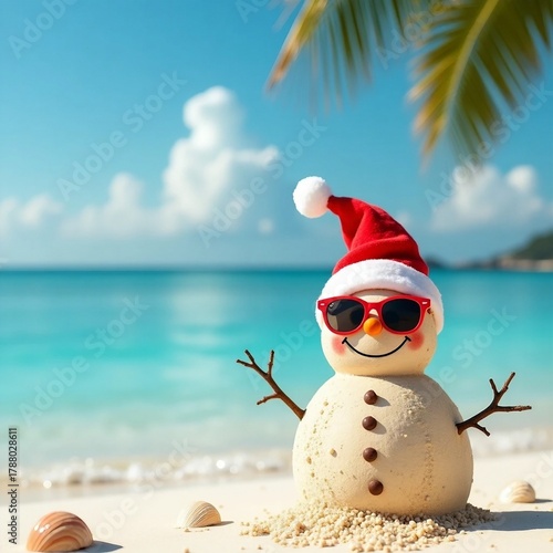 Sand Snowman Wearing a Santa Hat and Sunglasses on a Tropical Beach
