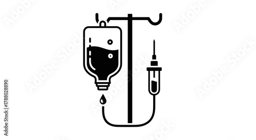 Medical Intravenous IV Drip Bag Icon on Stand.