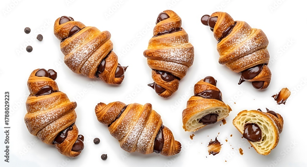 Fototapeta premium Deliciously flaky golden brown chocolate croissants dusted with powdered sugar arranged artfully on a clean white background