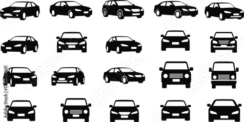 Car icon silhouettes, front and side views, black vehicle vector set, sedan SUV design, automotive illustration, transport symbol collection