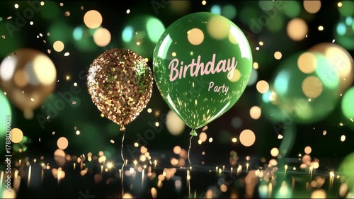 Colorful birthday balloons with sparkling confetti and bokeh lights create a festive atmosphere, camera smoothly zooms in to highlight the celebration theme