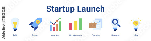 Startup Launch web icon vector illustration concept with icon of Bulb, Rocket, Analytics, Growth graph, Portfolio, Research, Idea.