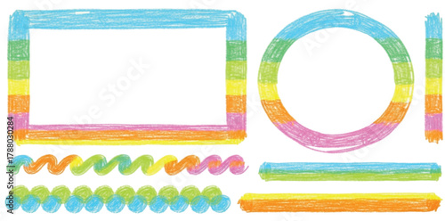 Colorful hand-drawn doodle elements including sketch borders, frames, squiggly lines, circles, and brushstroke accents