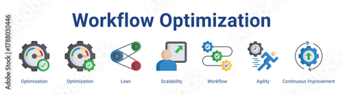 Workflow Optimization web icon vector illustration concept with icon of Optimization, Optimization, Lean, Scalability, Workflow, Agility, Continuous Improvement.