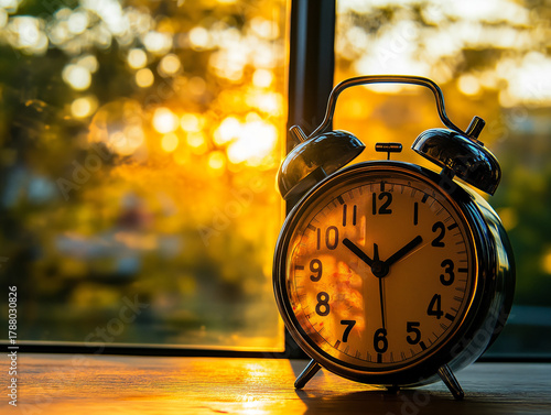 Wallpaper Mural Vintage Classic Twin-Bell Clock on Wooden Windowsill with Soft Sunrise Glow, Warm Hues and Gentle Outdoor Blur Torontodigital.ca
