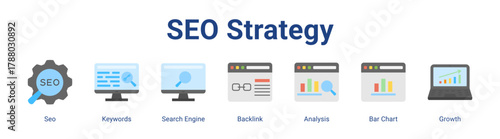 Seo Strategy web icon vector illustration concept with icon of Seo, Keywords, Search Engine, Backlink, Analysis, Bar Chart, Growth.
