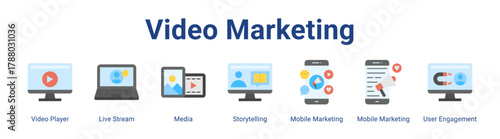 Video Marketing web icon vector illustration concept with icon of Video Player, Live Stream, Media, Storytelling, Mobile Marketing, Mobile Marketing, User Engagement.