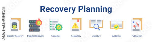 Recovery Planning web icon vector illustration concept with icon of Disaster Recovery, Disaster Recovery, Procedure, Regulatory, Literature, Guidelines, Publication.