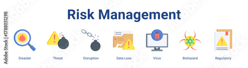 Risk Management web icon vector illustration concept with icon of Disaster, Threat, Disruption, Data Loss, Virus, Biohazard, Regulatory.