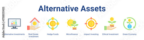 Alternative Assets web icon vector illustration concept with icon of Alternative Investments, Real Estate Investment, Hedge Funds, Microfinance, Impact Investing, Ethical Investment, Green Economy.