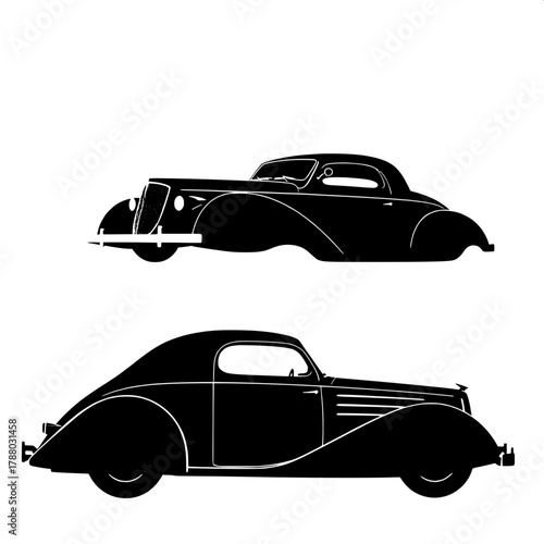 Minimalist Noir Aesthetic

A high-contrast black silhouette of a 1930s vintage coupe, rendered in bold graphic style against a pure white background. The car’s iconic curves and chrome details are hin