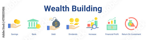 Wealth Building web icon vector illustration concept with icon of Savings, Bank, Debt, Dividends, Increase, Financial Profit, Return On Investment.