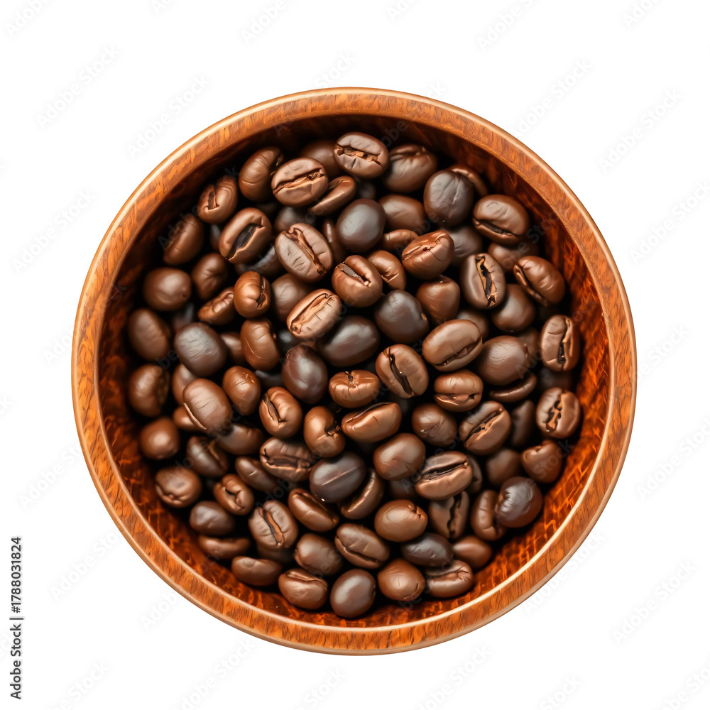 Fototapeta premium Coffee beans in wooden bowl isolated on transparent background