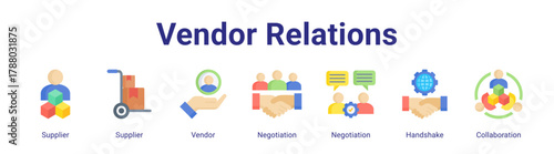 Vendor Relations web icon vector illustration concept with icon of Supplier, Supplier, Vendor, Negotiation, Negotiation, Handshake, Collaboration.