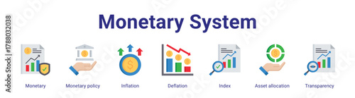 Monetary System web icon vector illustration concept with icon of Monetary, Monetary policy, Inflation, Deflation, Index, Asset allocation, Transparency.