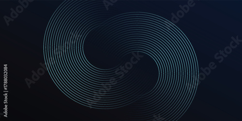 Blue abstract background with glowing circles. Swirl circular lines pattern. Geometric spiral. Twirl element. Modern graphic design